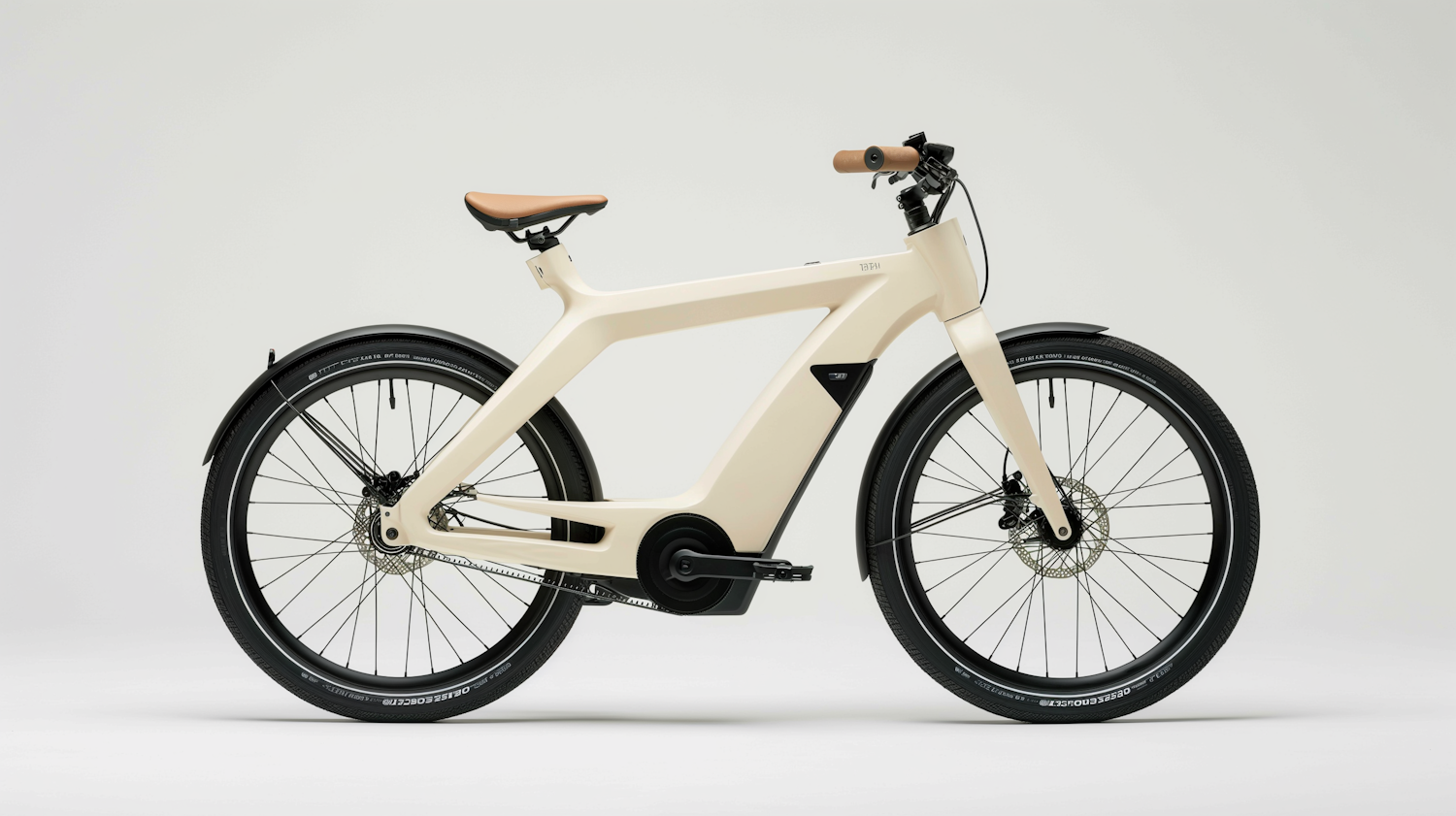 Cream electric city bike with a tan leather saddle and grips photographed in a white studio