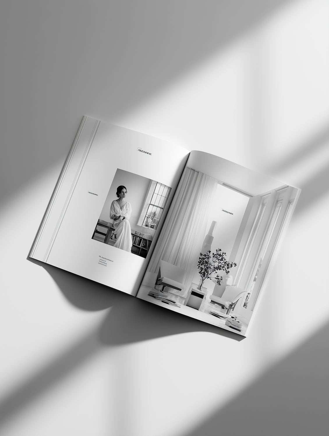 Open magazine spread with a black and white portrait and an interior photograph in soft window light