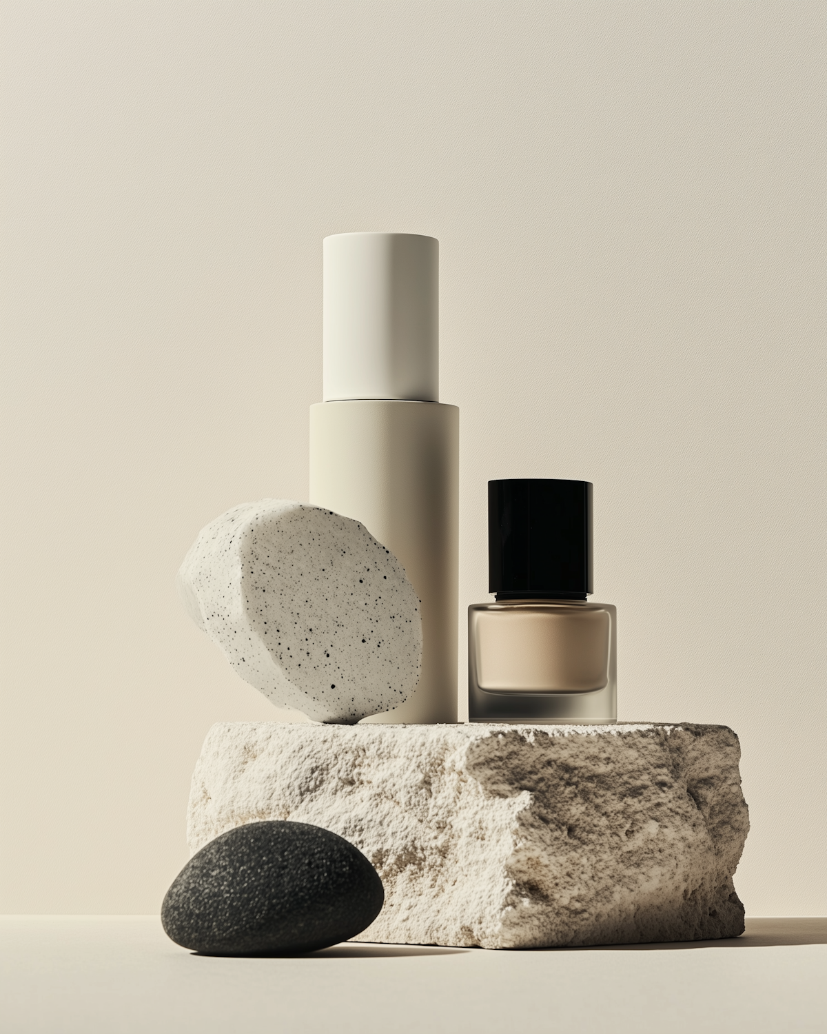 Minimal skincare bottles arranged on rough white stone against a warm beige backdrop