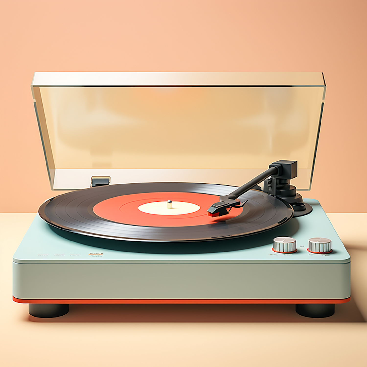 Mint green turntable with a red-labelled vinyl record playing against a soft peach wall