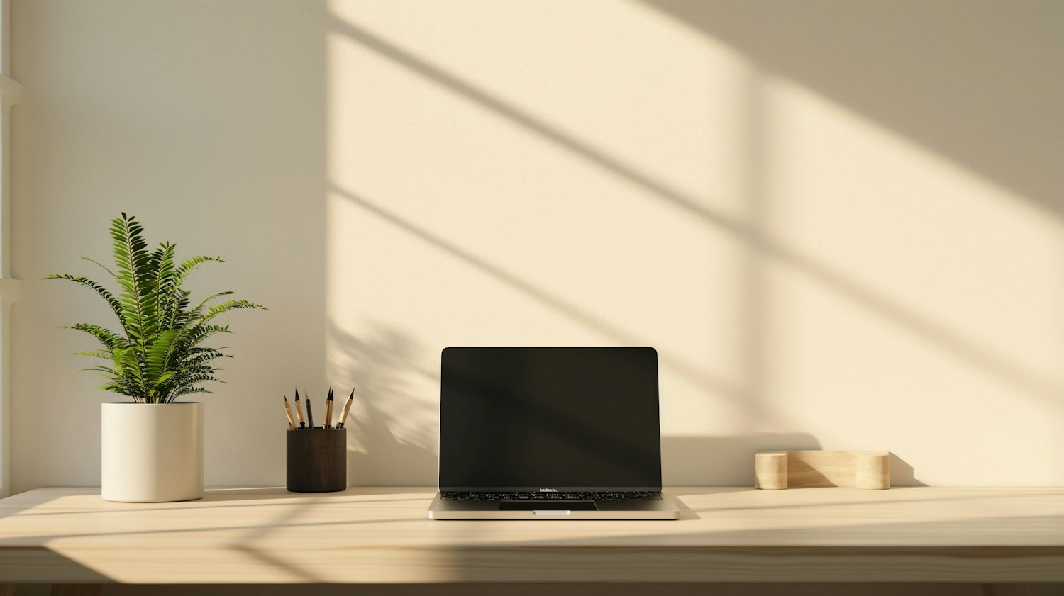 Sunlit studio desk with a laptop, a fern and a cup of pencils