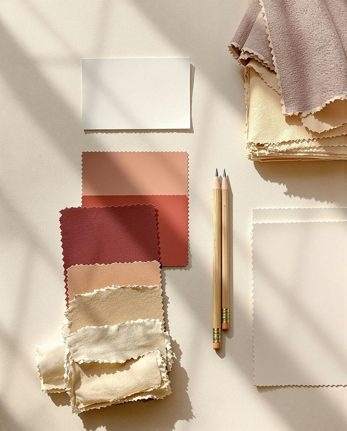 Terracotta and cream paper swatches laid out beside two pencils in warm afternoon light